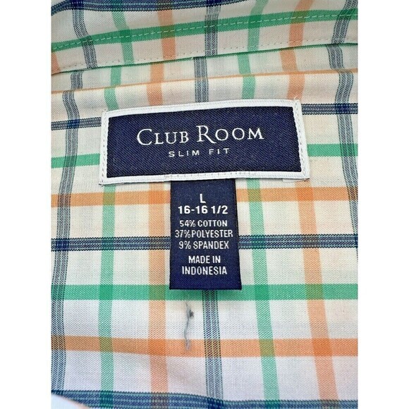 Club Room Men Plaid Dress Shirt Button Down Stretch White Orange Navy Size Large - Picture 3 of 4